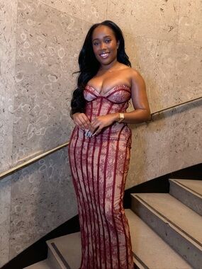 Strapless Lace-Overlay Evening Gown in Deep Wine